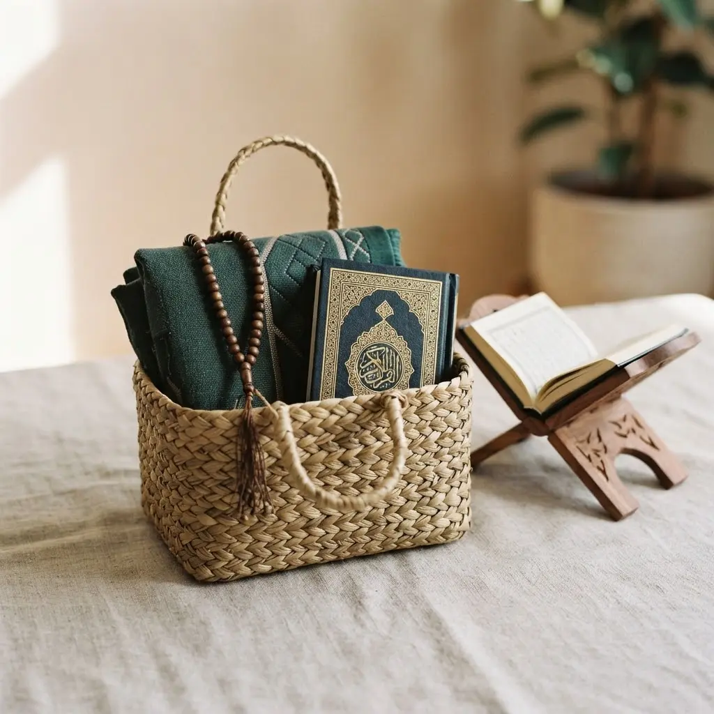 Portable prayer corner kit with travel mat and foldable stand. 