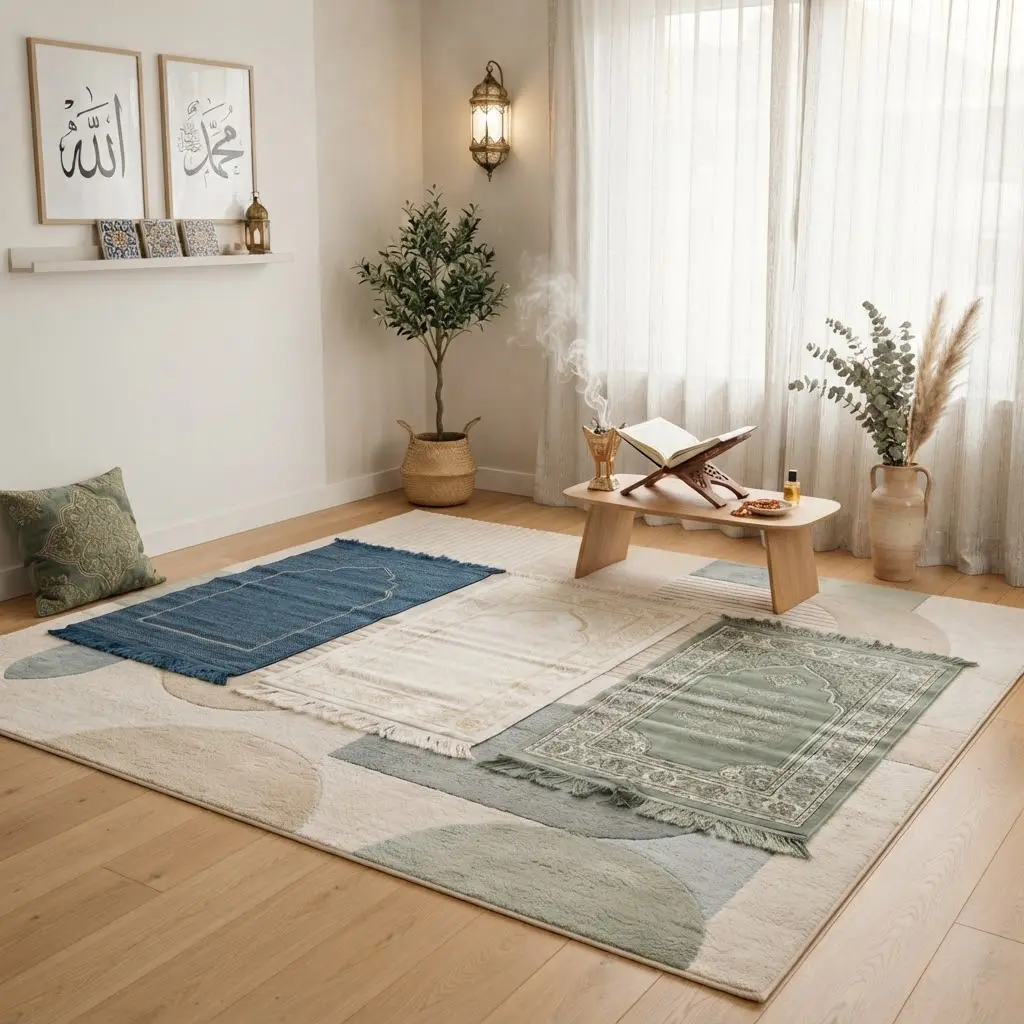 Family prayer corner with multiple mats lined up on a shared rug. 