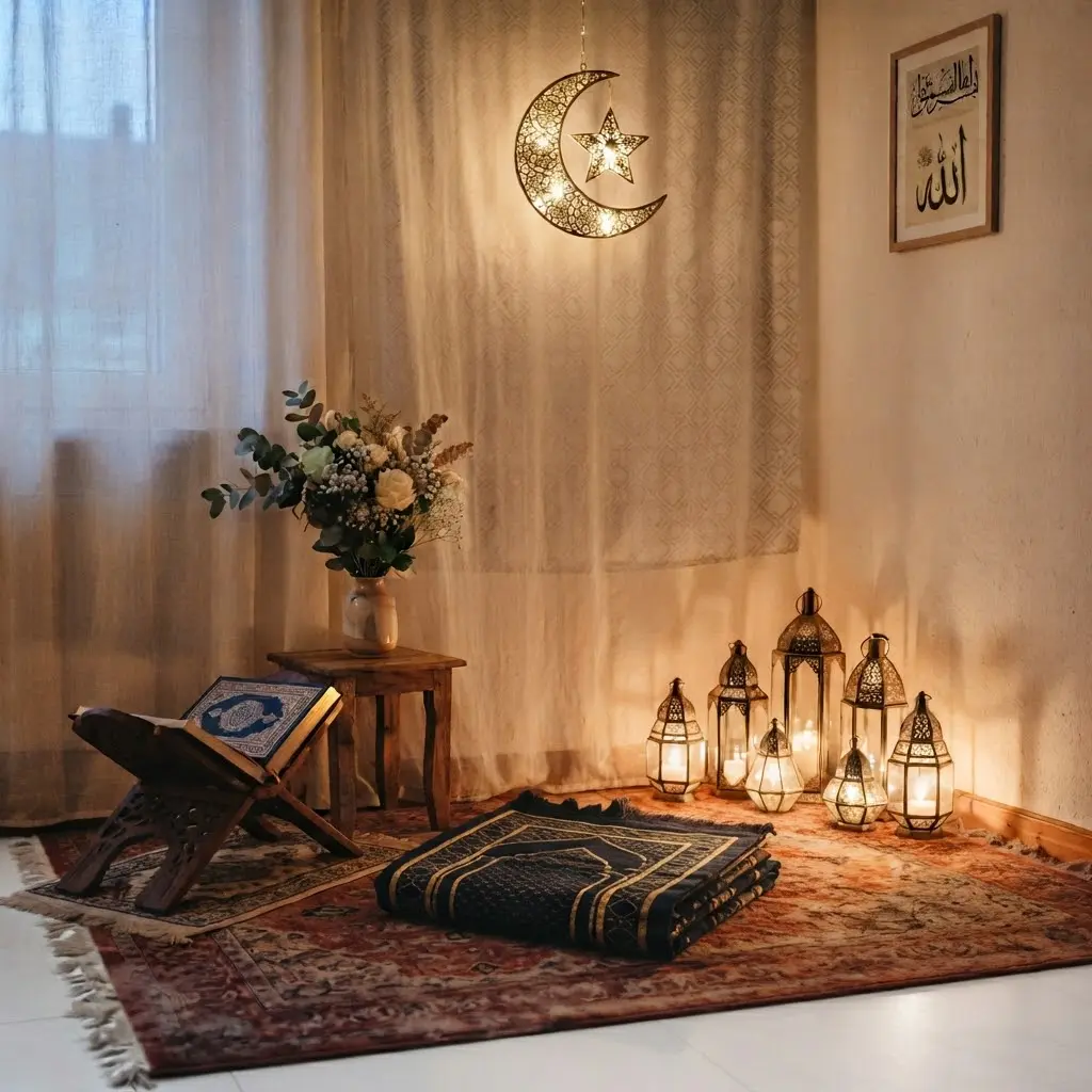 Prayer corner with hanging crescent moon light and glowing glass lanterns. 