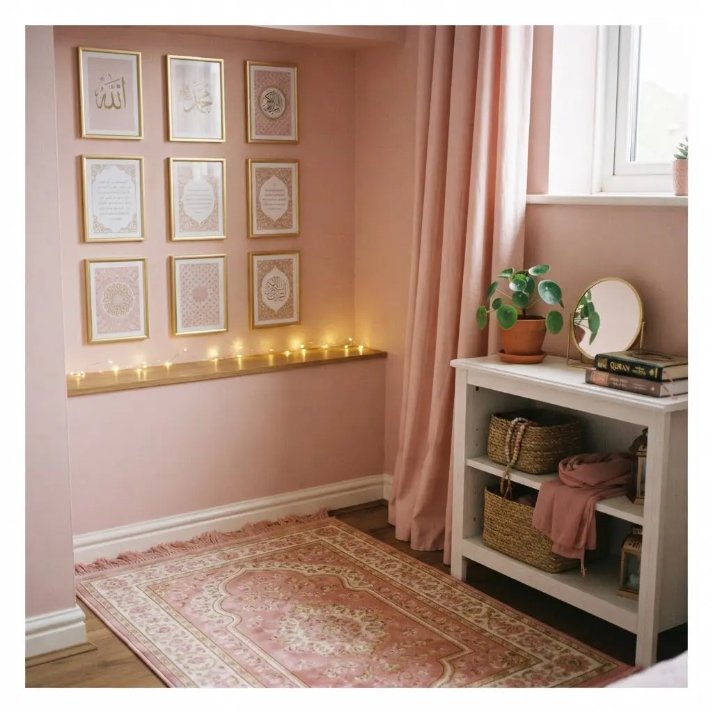 Pink feminine prayer corner with framed art gallery wall. 