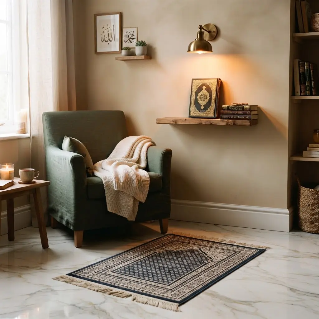 Cozy reading-nook style prayer corner with books and a warm lamp to show off a beautiful prayer nook idea