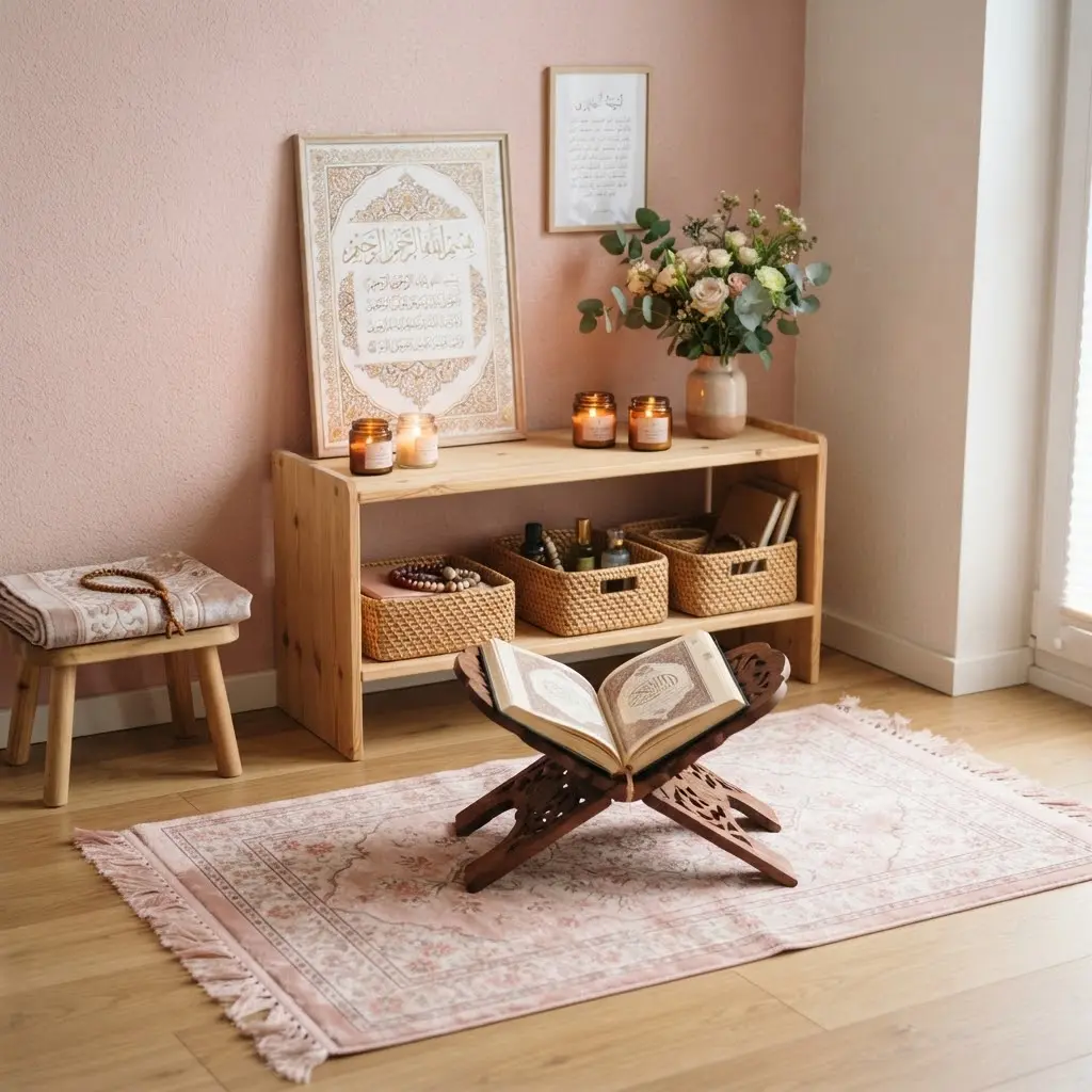 Blush floral prayer corner with bookshelf display and fringed rug. 