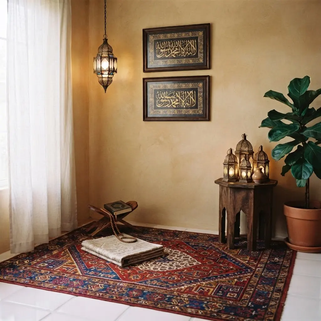 Moroccan prayer corner with hanging lantern and framed calligraphy. 