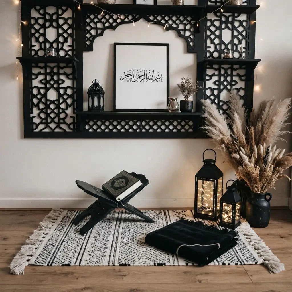 Monochrome black-and-white prayer corner with lattice wall shelving. 