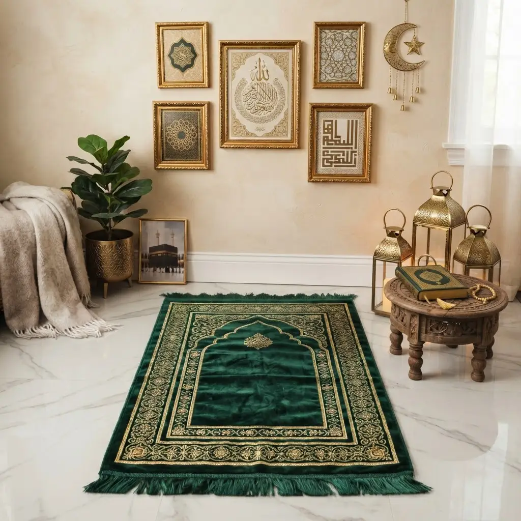 Emerald and gold luxury prayer corner with velvet mat and lanterns.