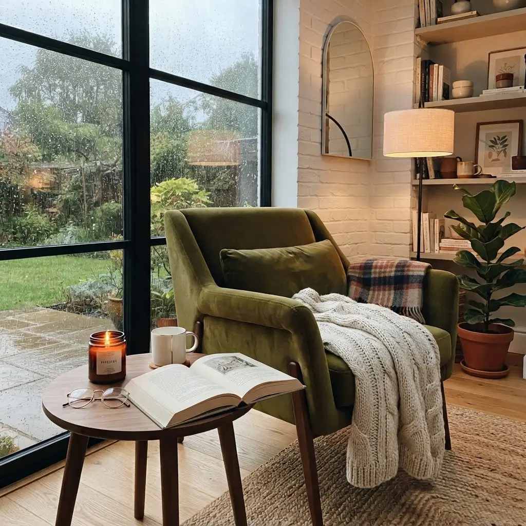 Candlelit reading corner styled for cozy rainy day activities.
