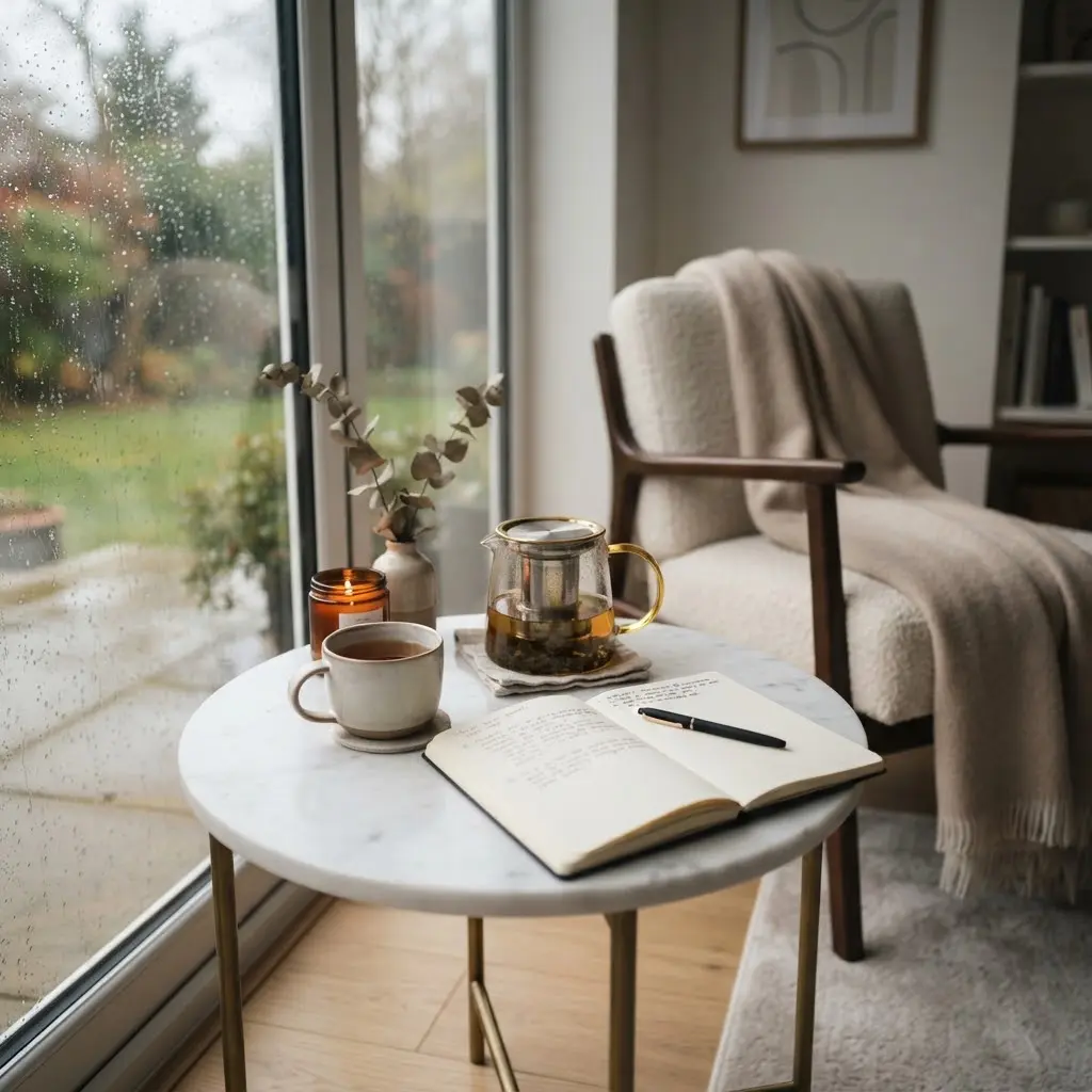 Loose leaf tea and journal styled for a reflective rainy hour.