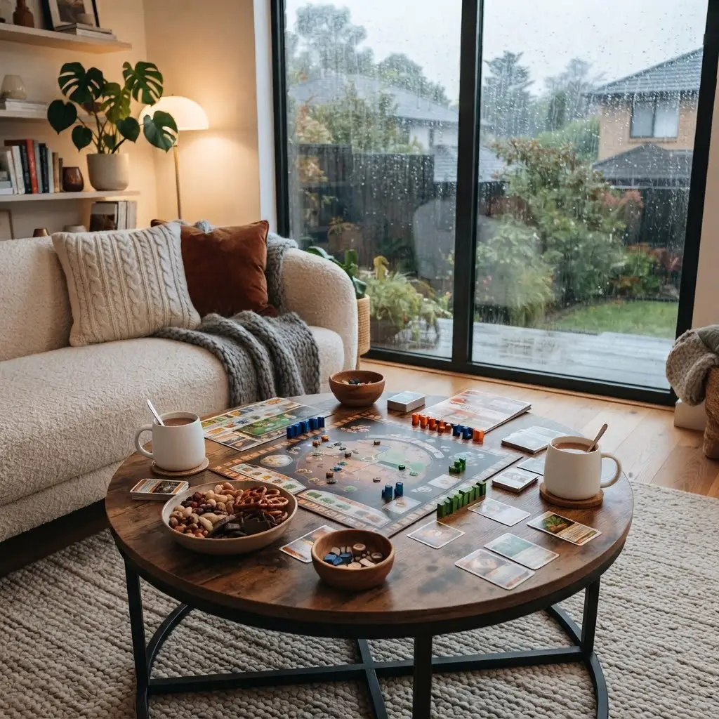 Strategy board game styled for a cozy rainy day activities tournament.