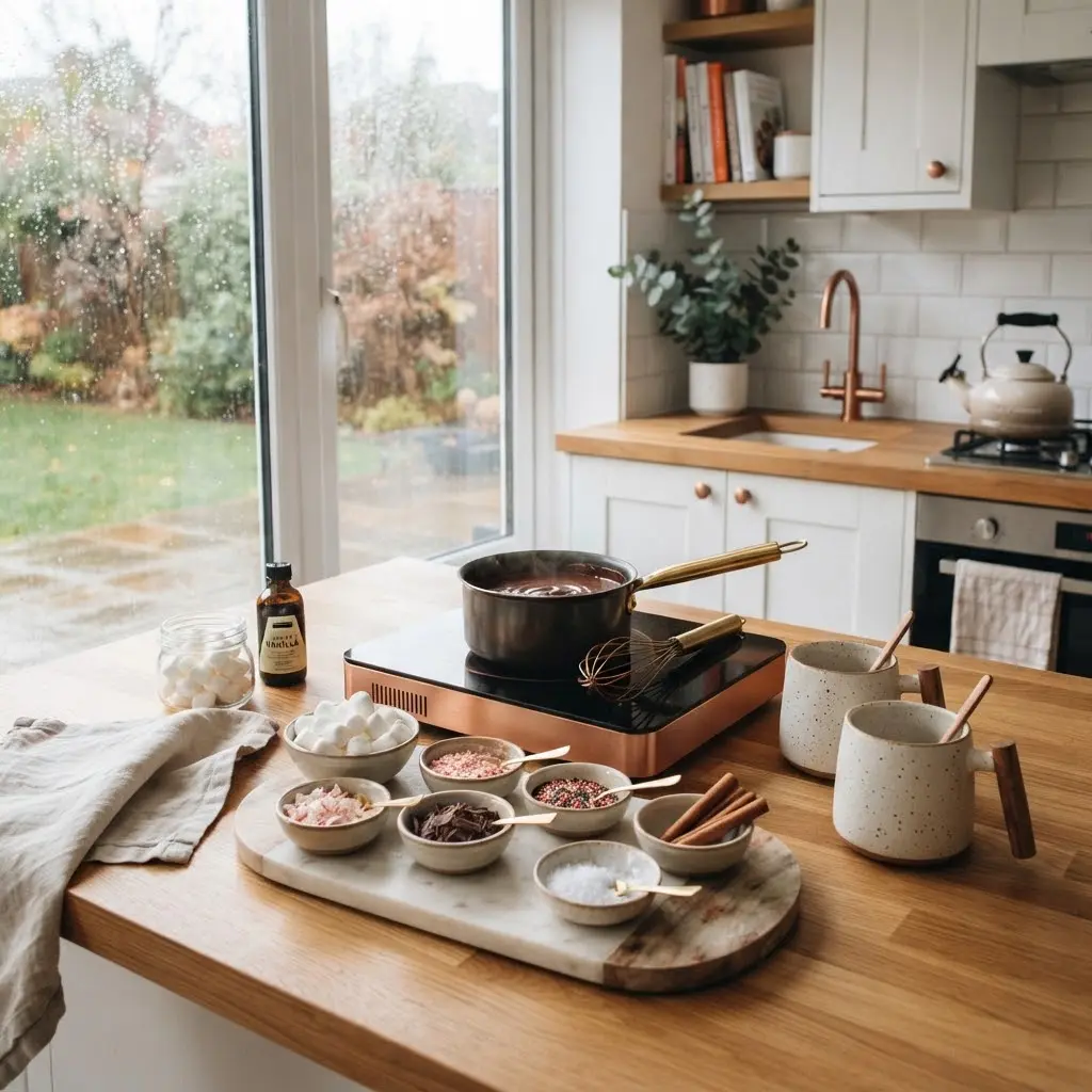 Homemade hot chocolate bar styled with toppings and warmed mugs.
