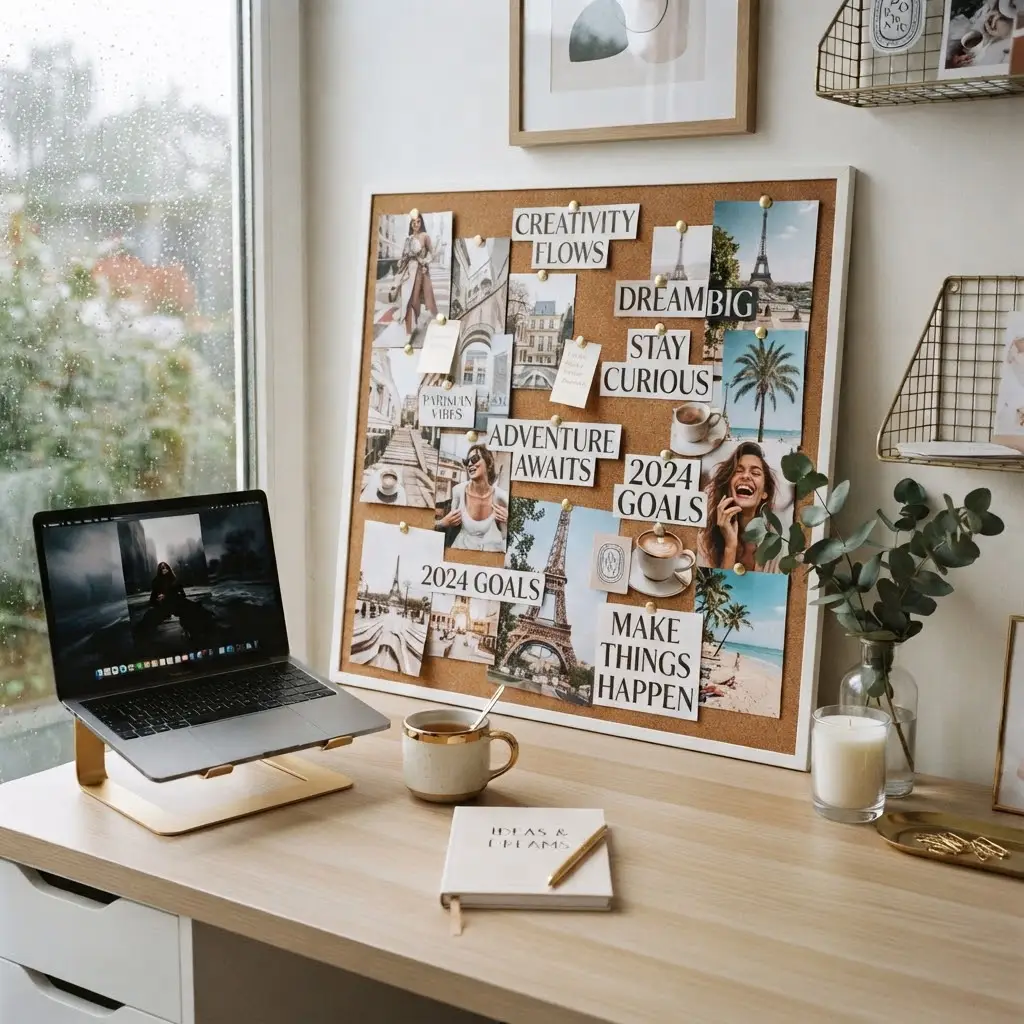 Cork vision board styled with cut magazine images for goal planning.