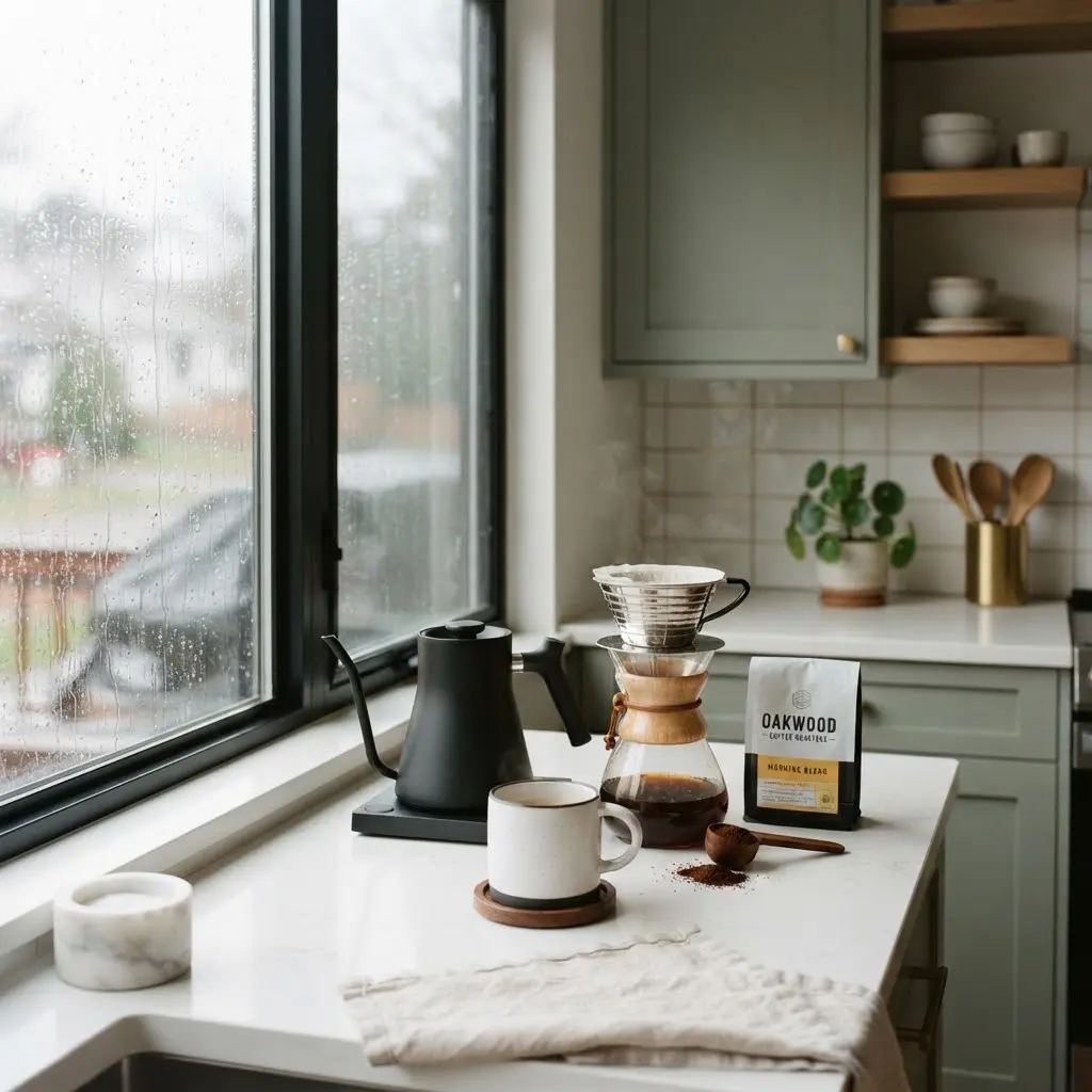 Pour-over coffee ritual styled beside a rain-streaked window.