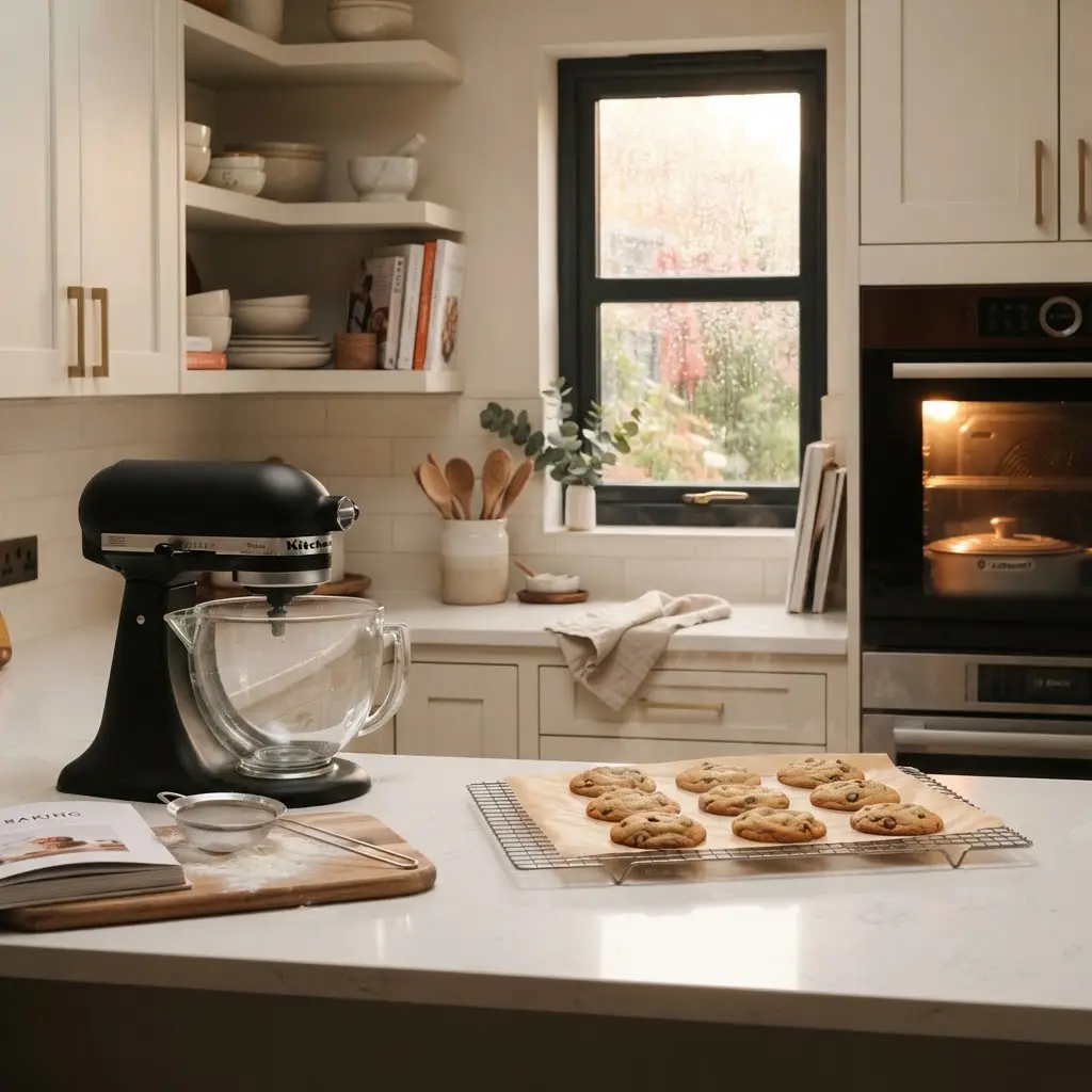 Fresh baked goods cooling in a modern kitchen on a rainy day.