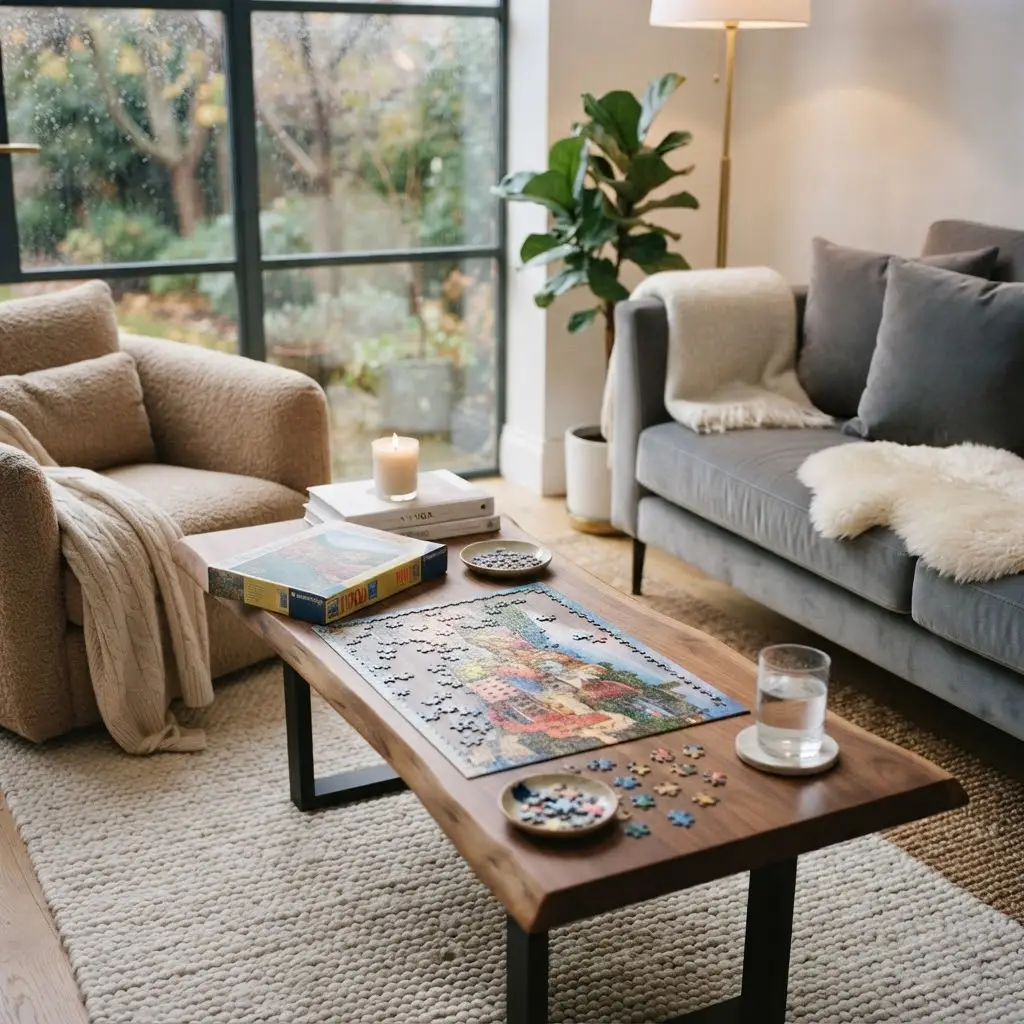 Puzzle in progress styled on a modern living room table.