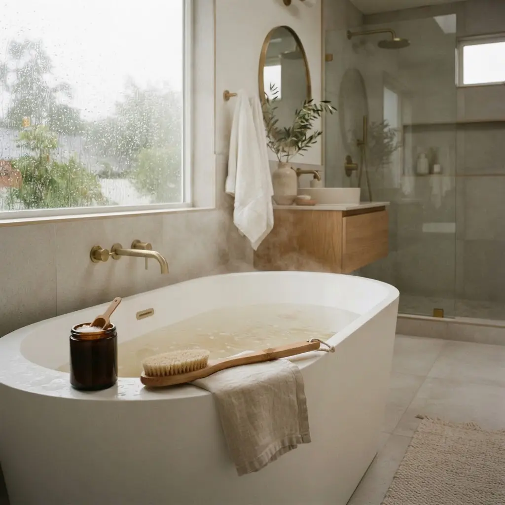 Bath soak and body brush styled for a relaxing rainy day reset.
