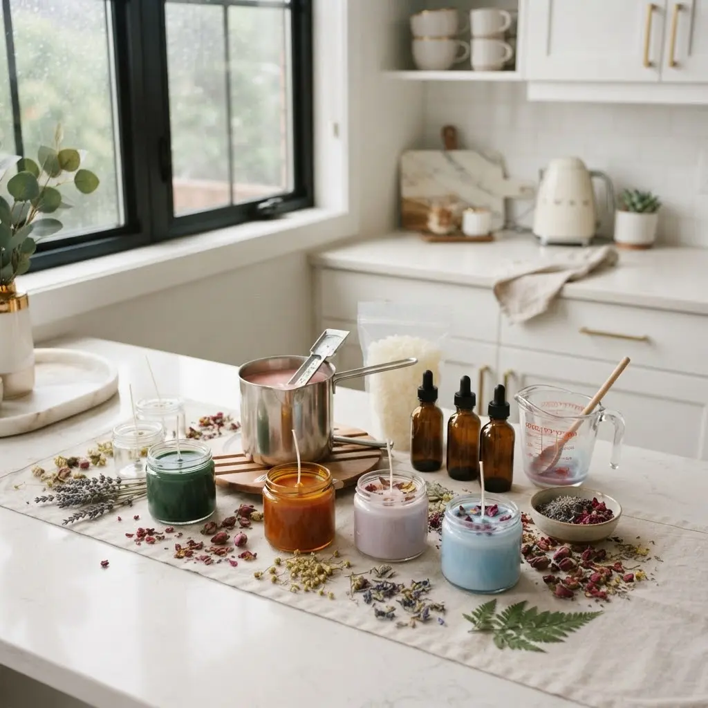 Candle-making afternoon styled beside a soft rainy window.