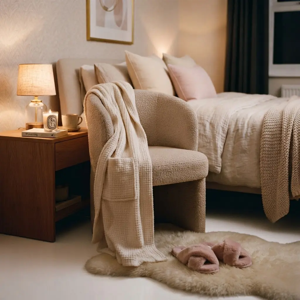 Plush robe and fuzzy slippers styled for a cozy spa night ideas ritual.