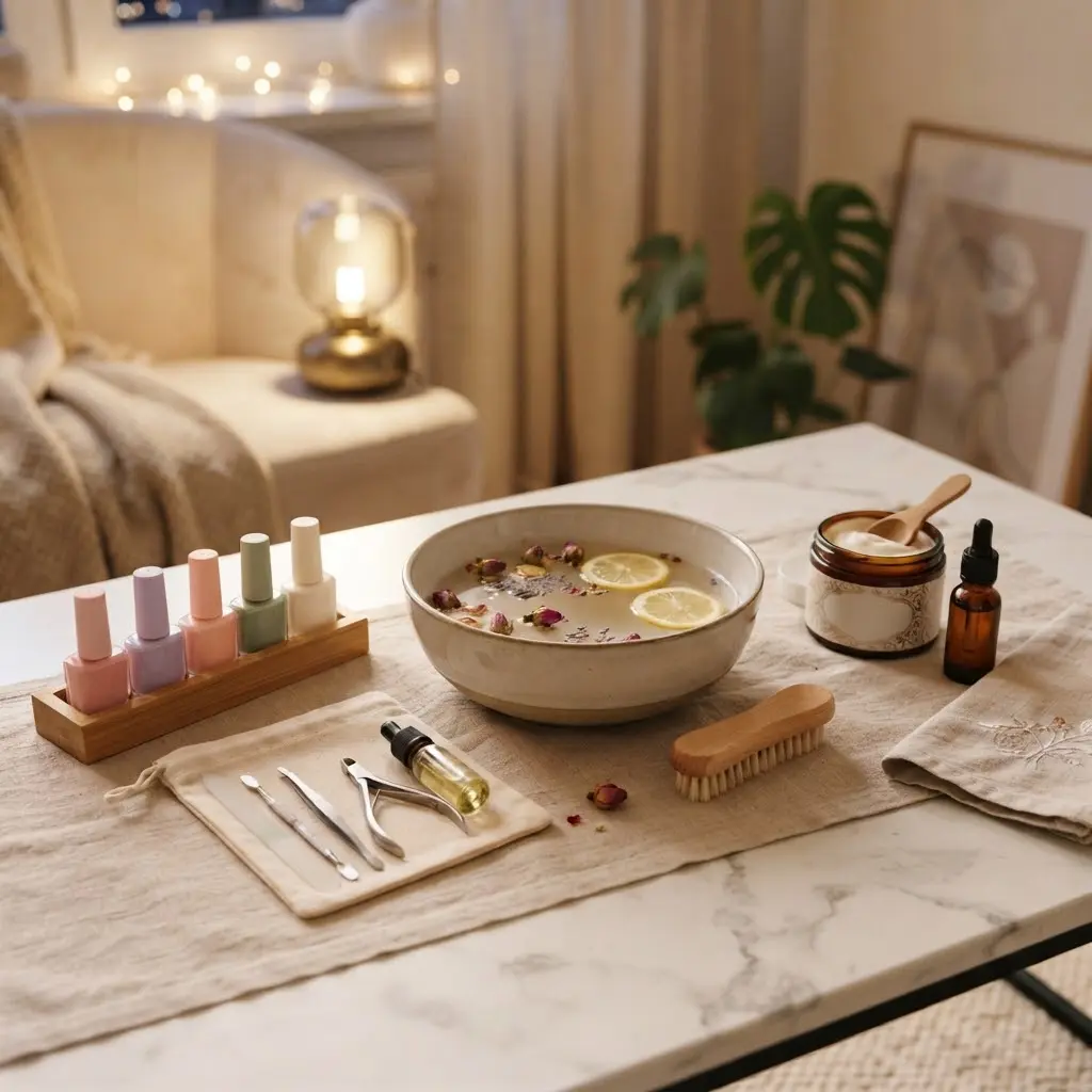 Cozy DIY manicure and pedicure station styled on a bed at night.