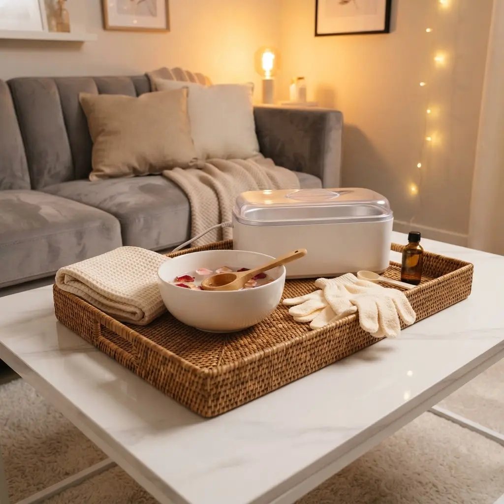 Hand soak and paraffin wax treatment styled on a cozy tray.