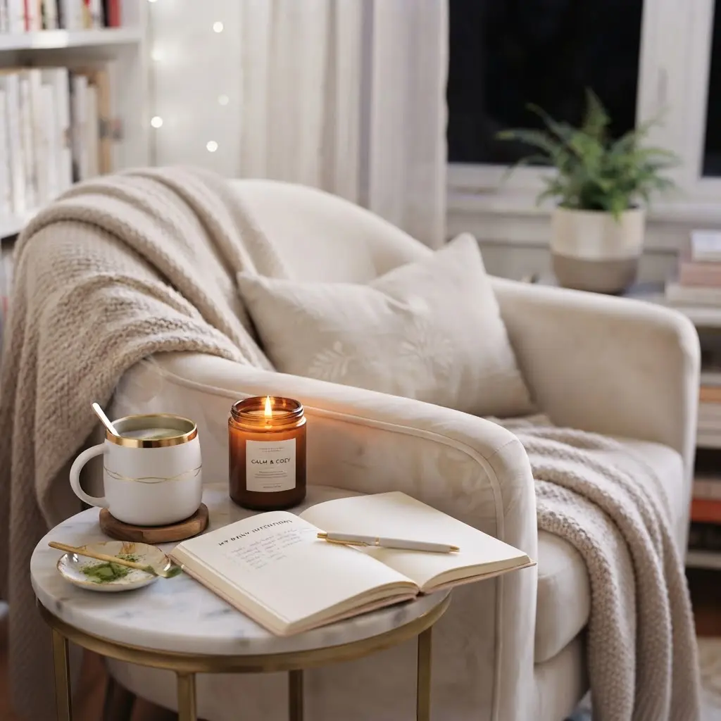 Warm herbal tea and journaling corner styled for a cozy wind-down.