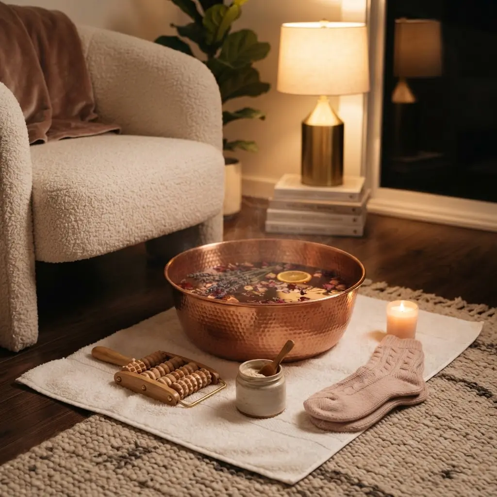 Cozy foot soak and reflexology massage styled for spa night ideas.