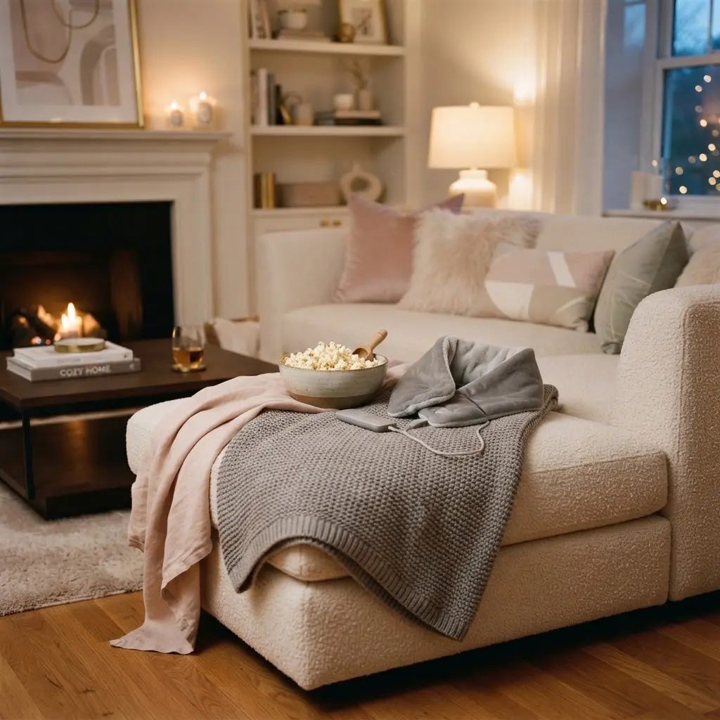 Weighted blanket and heated wrap styled for a cozy movie night.