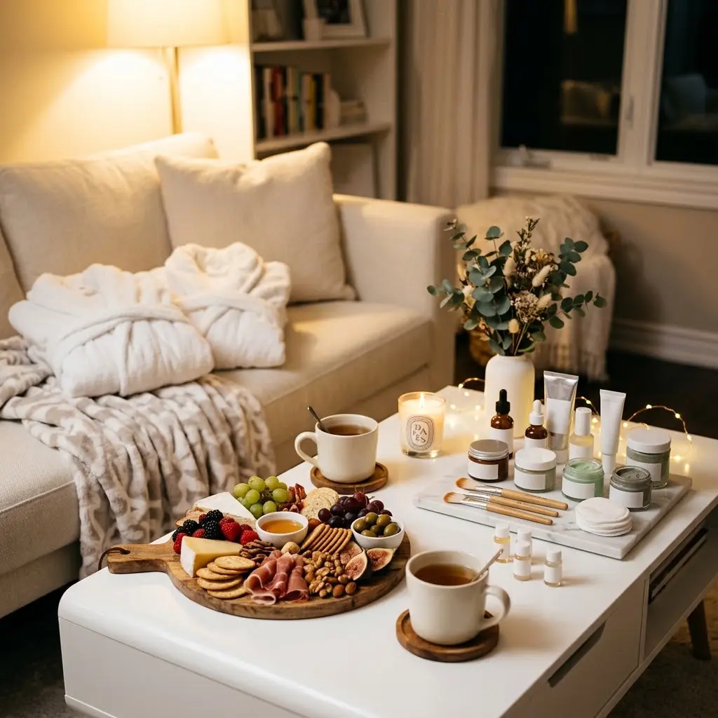 Bestie spa night styled with a face mask bar and snack board.