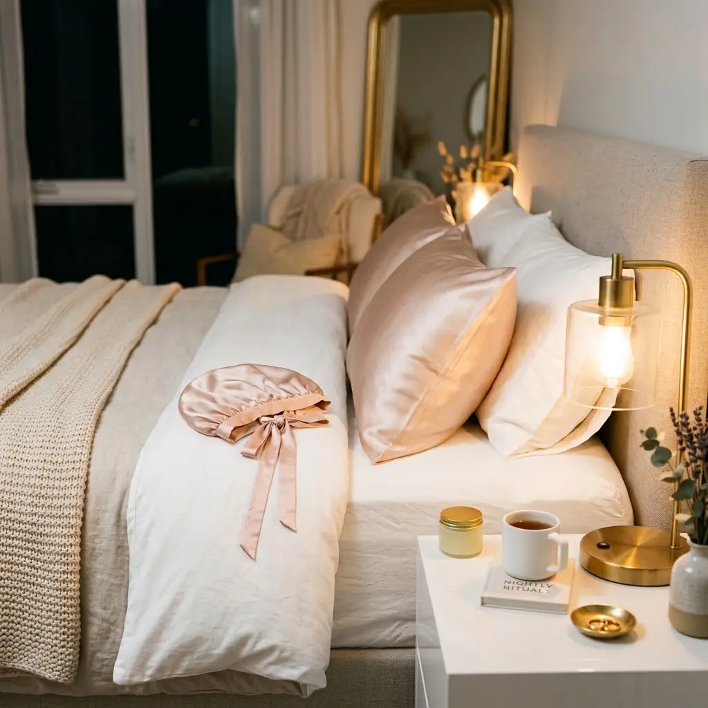 Silk pillowcase and bonnet styled for the ultimate spa night ideas.
