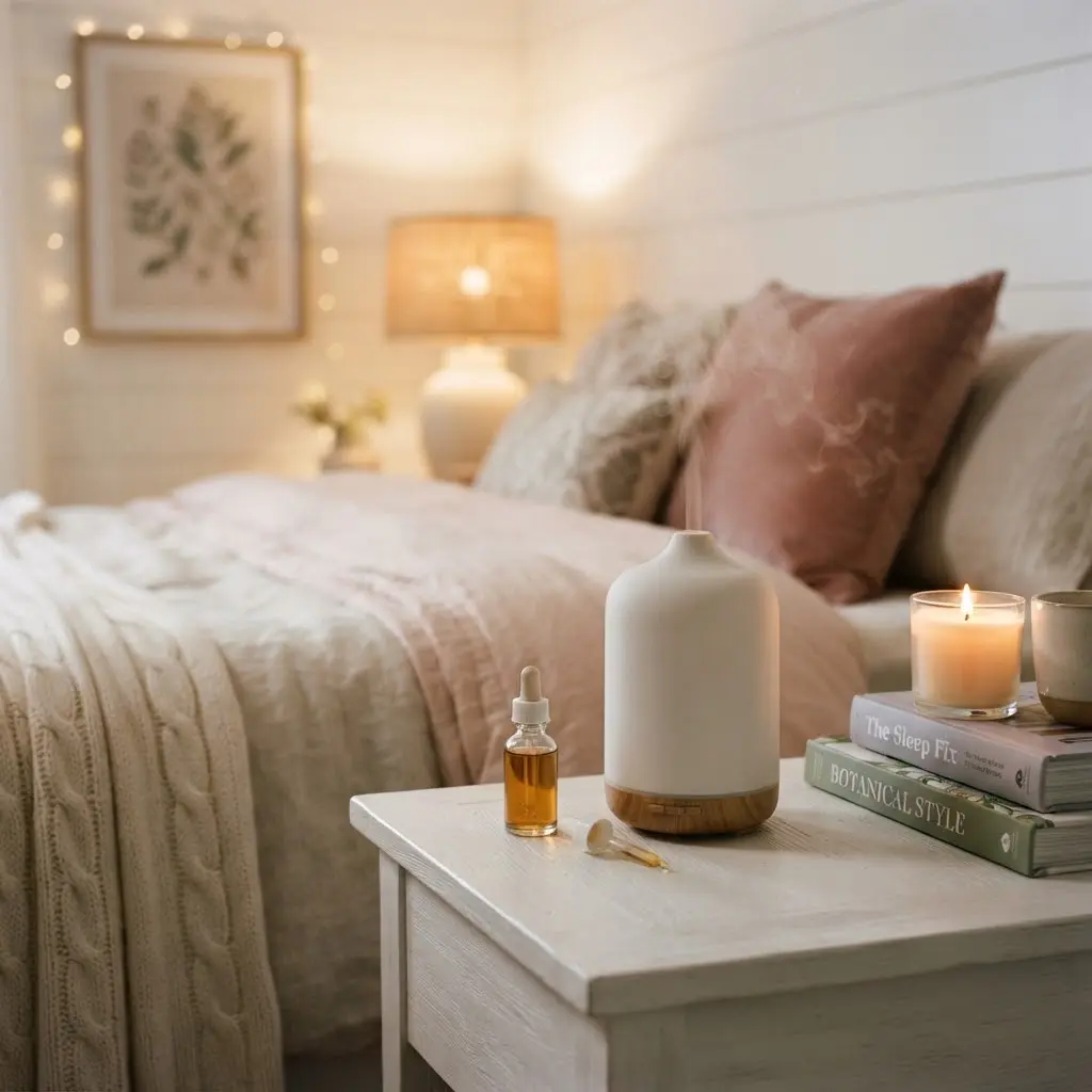 Essential oil diffuser glowing softly beside a lit soy candle at night.