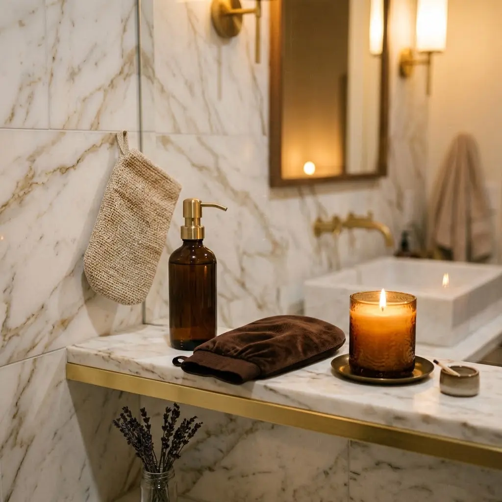 Body exfoliation and self-tan prep styled on a shower shelf at night.