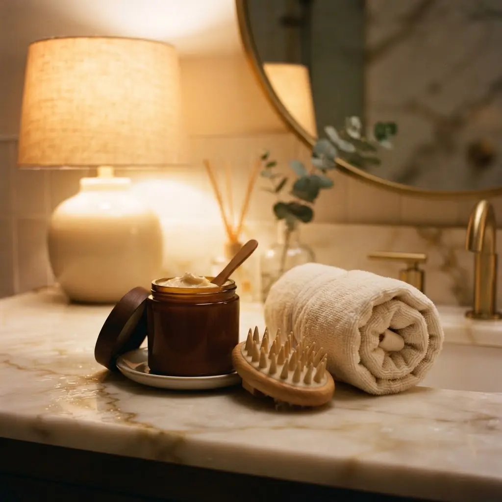 Hair mask and scalp massage ritual styled with a towel turban.