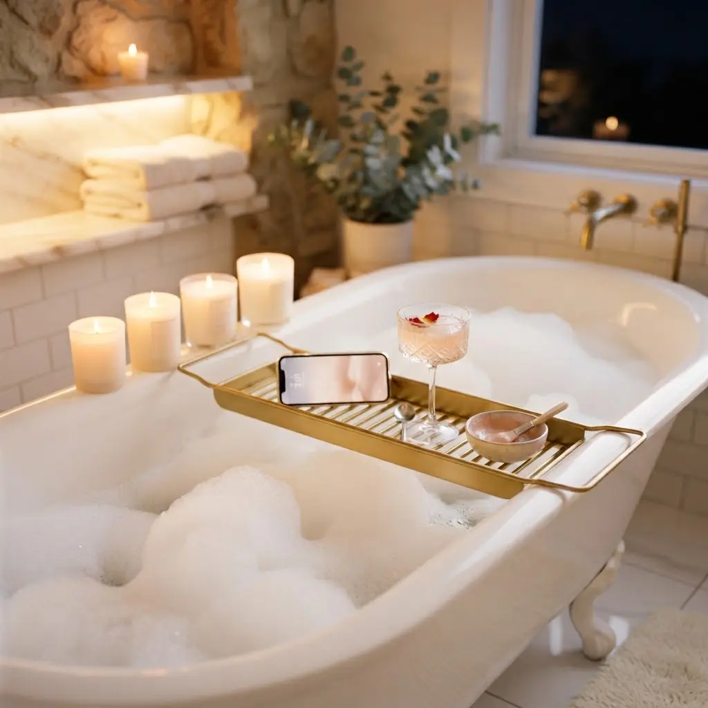 Candlelit bubble bath styled with a bath tray for the ultimate soak.