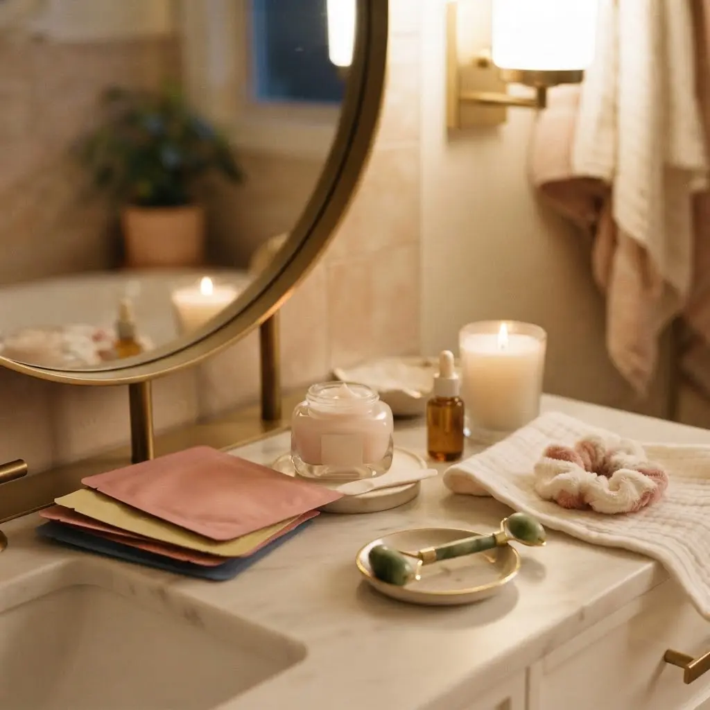 Face mask skincare layering station styled with a chilled jade roller.