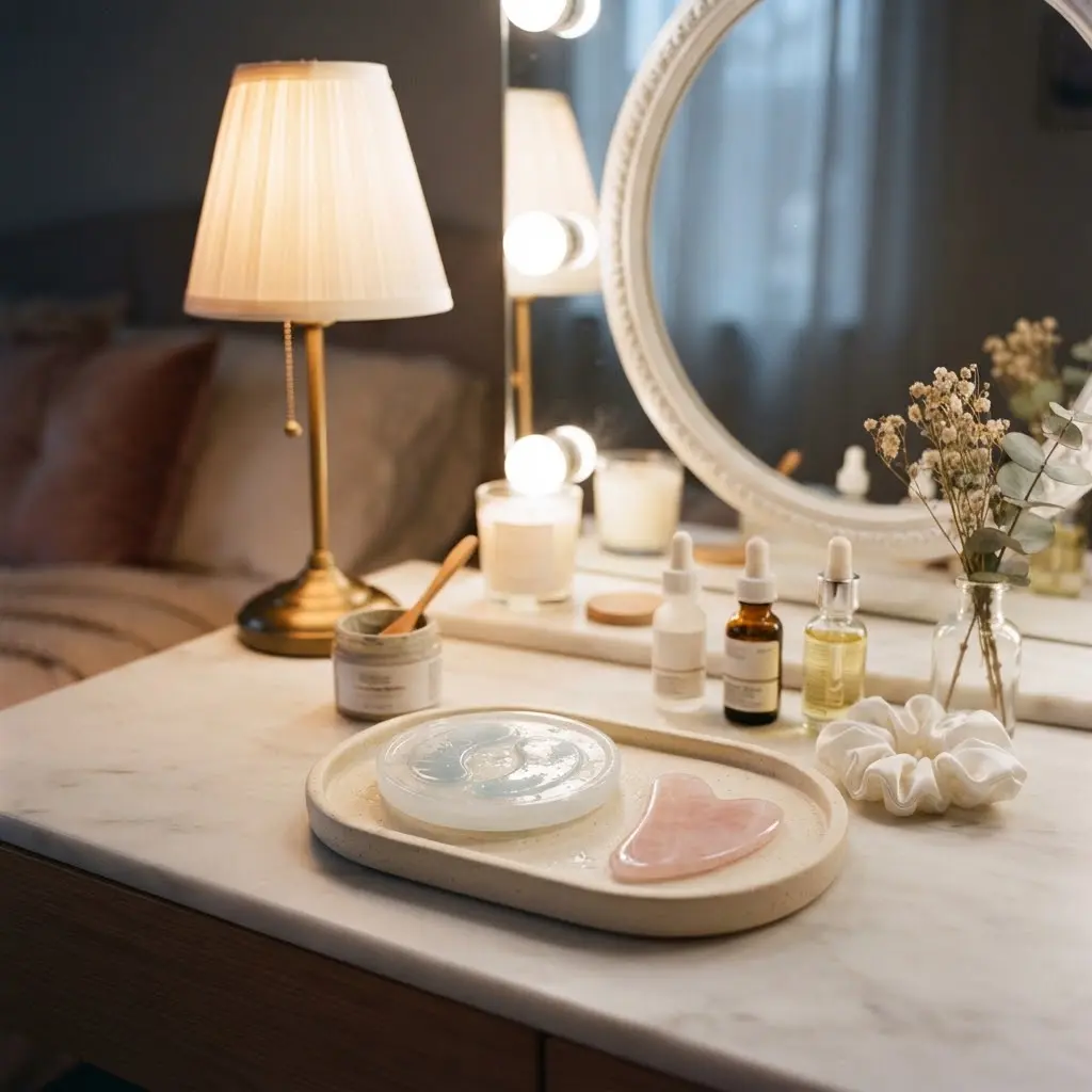 Under-eye patches and gua sha styled for a puffiness reset at night.