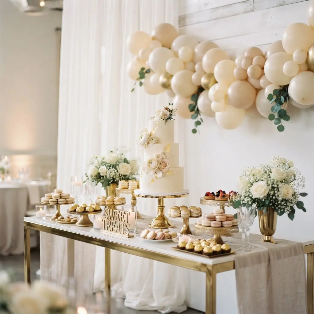 Ivory and gold bridal shower decor ideas styled with a tiered cake.