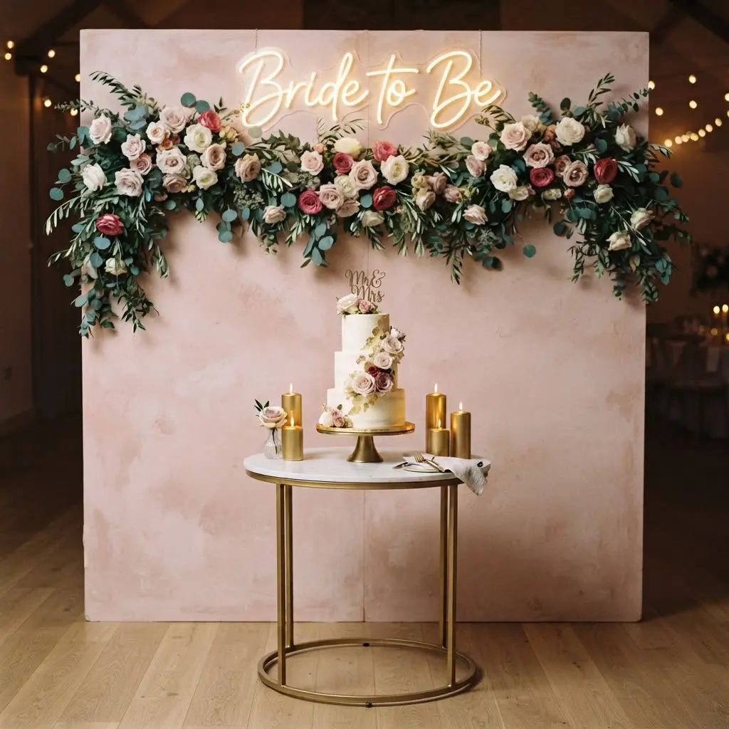 Rose and greenery swag draped above a candlelit dessert table.
