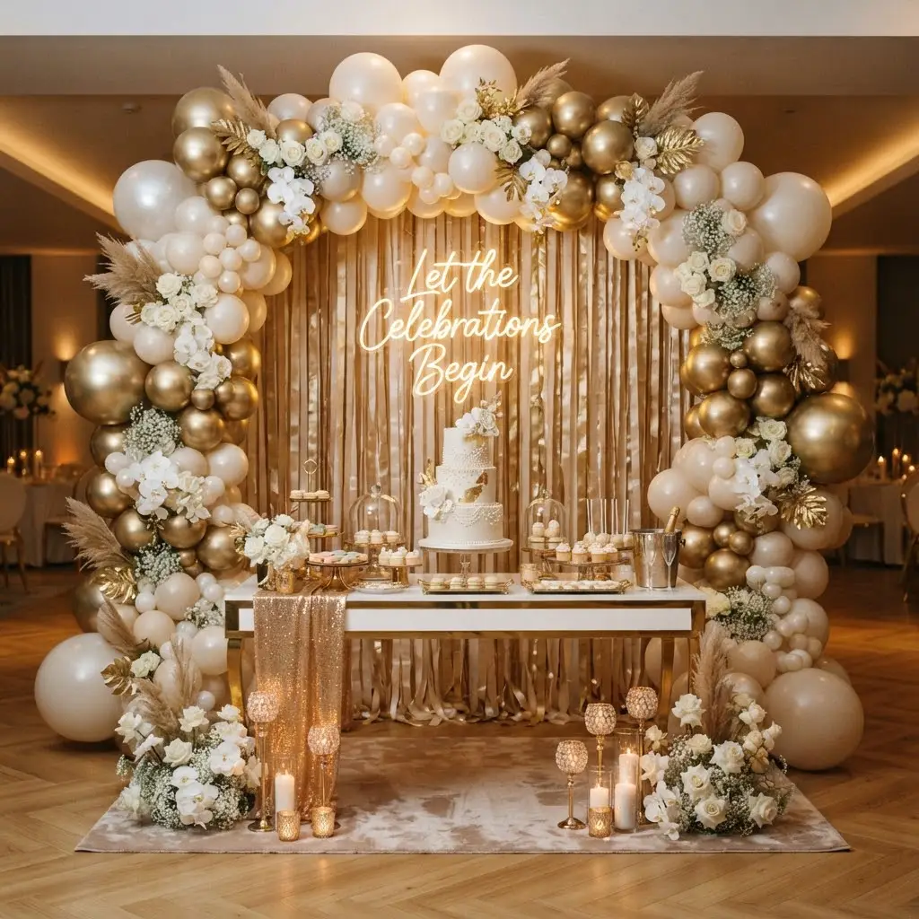 Pearl balloon arch paired with a champagne ribbon streamer wall.