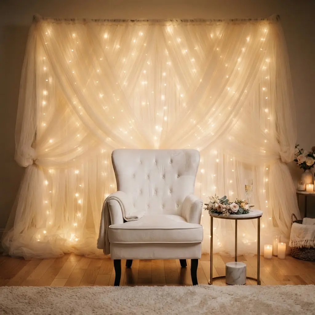 Cream tulle cloud glowing with fairy lights behind a wingback chair.