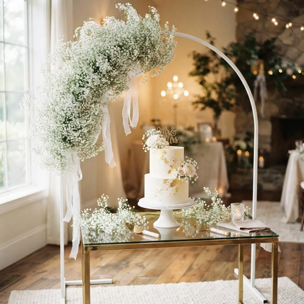 Baby's breath cloud arch styled for easy bridal shower decor ideas.