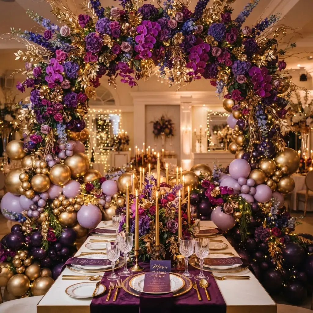 Golden purple floral, balloon, and candlelight bonus bridal shower decor idea.