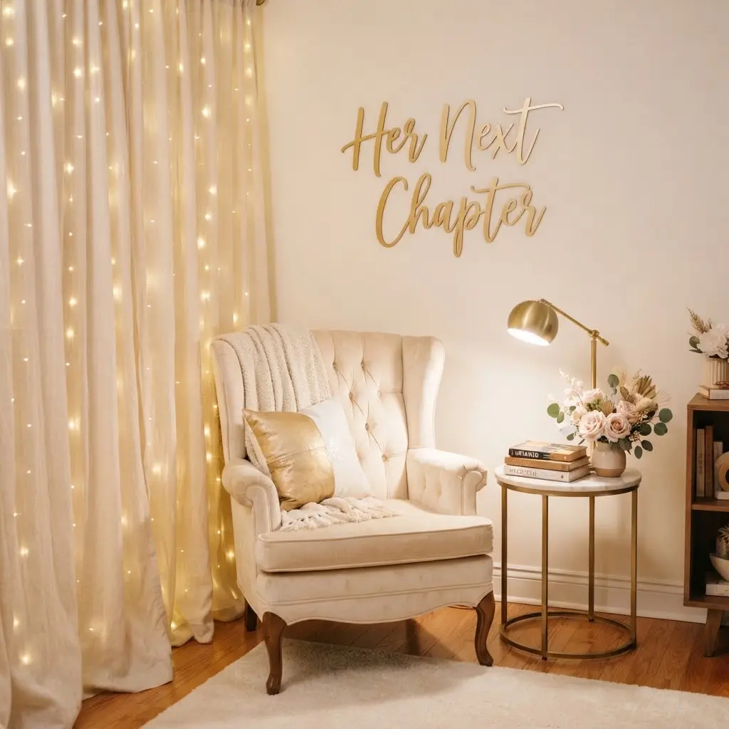 Vintage library corner styled with a Her Next Chapter gold script sign.