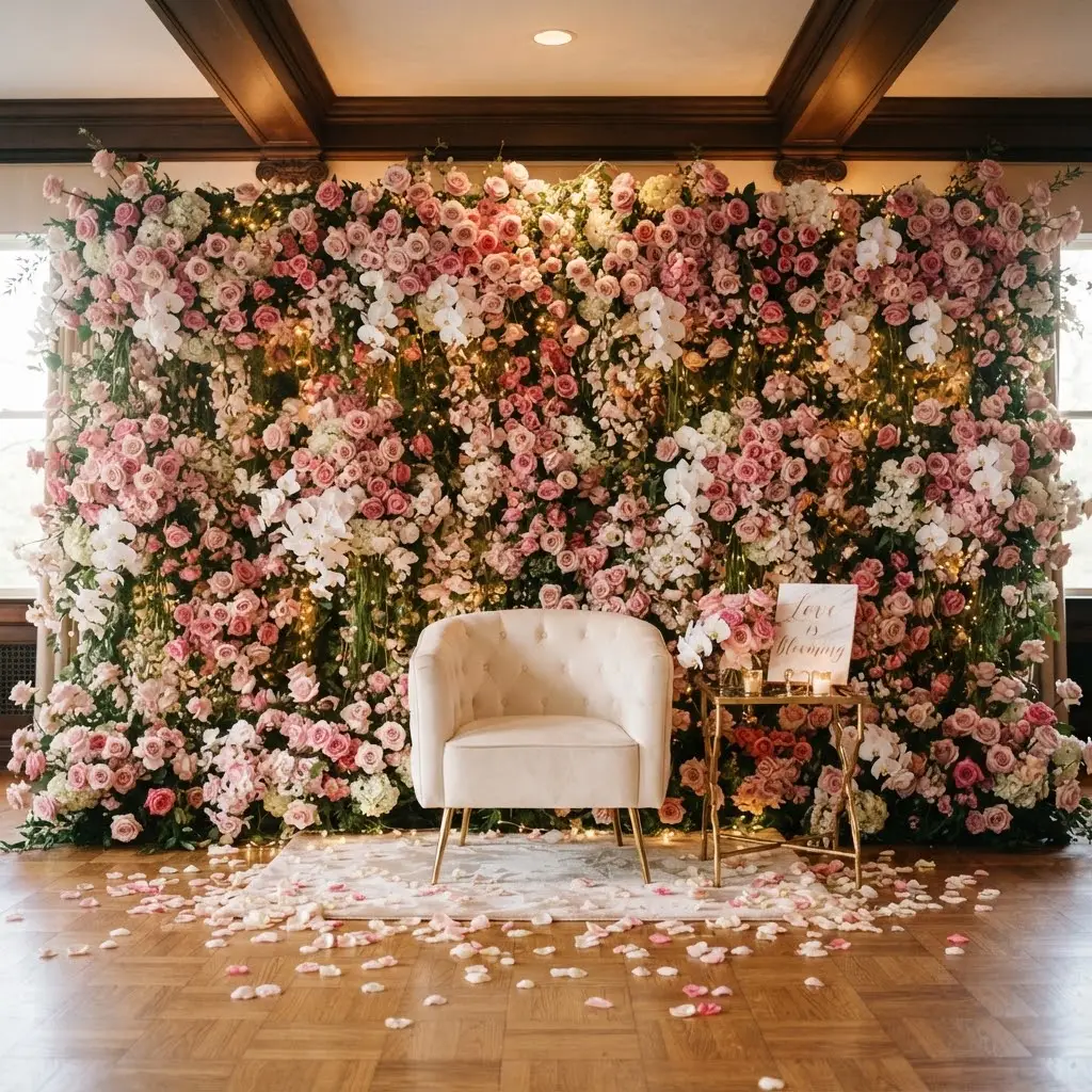 Simple rose garland wall styled behind a cream accent chair.