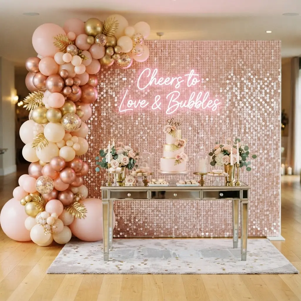 Light pink sequin wall glowing behind a neon Bride to Be script sign.