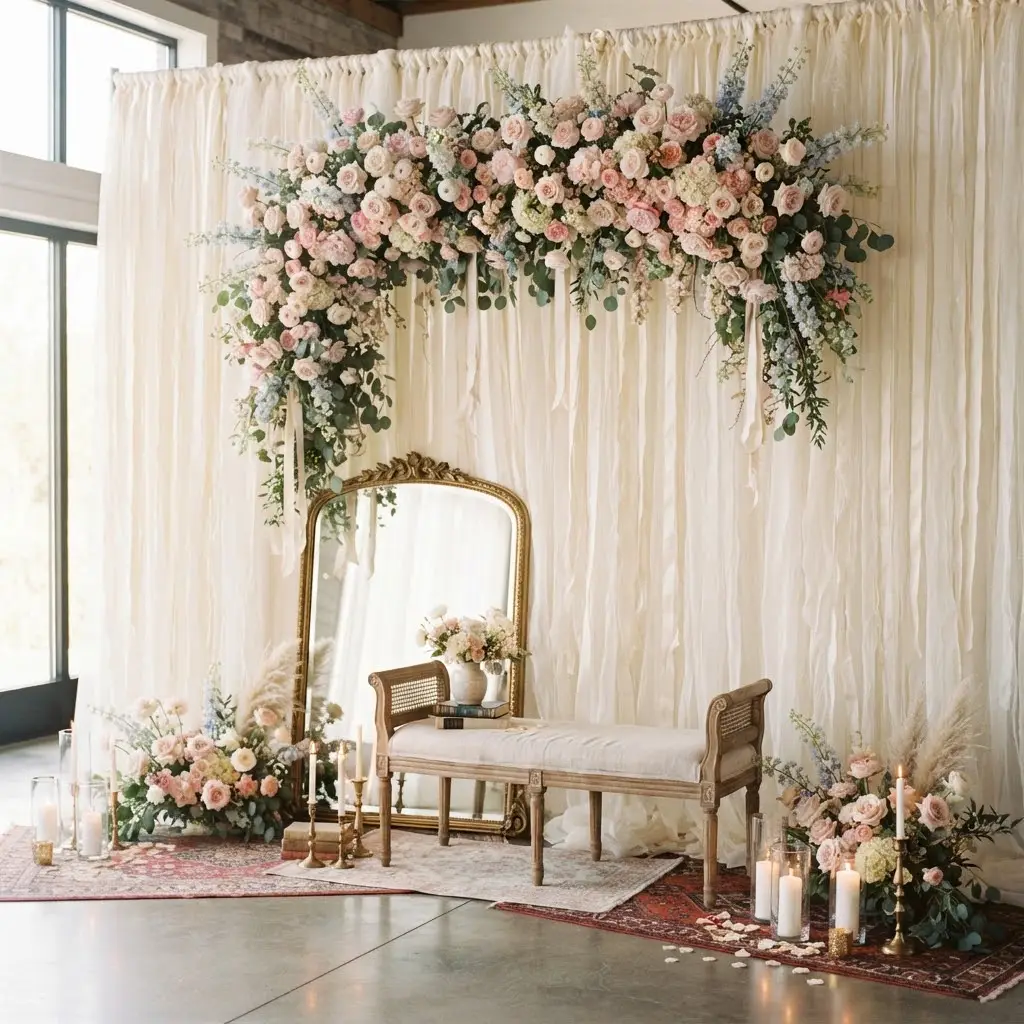 Ivory ribbon curtain crowned with a blush and cream floral arch.