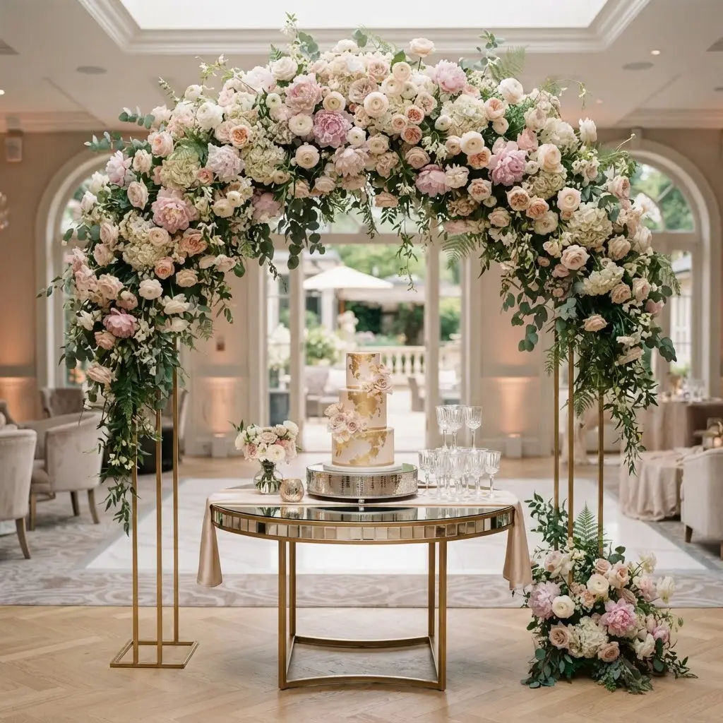 Peony cluster arch styled above a mirrored cake table for bridal shower decor ideas.