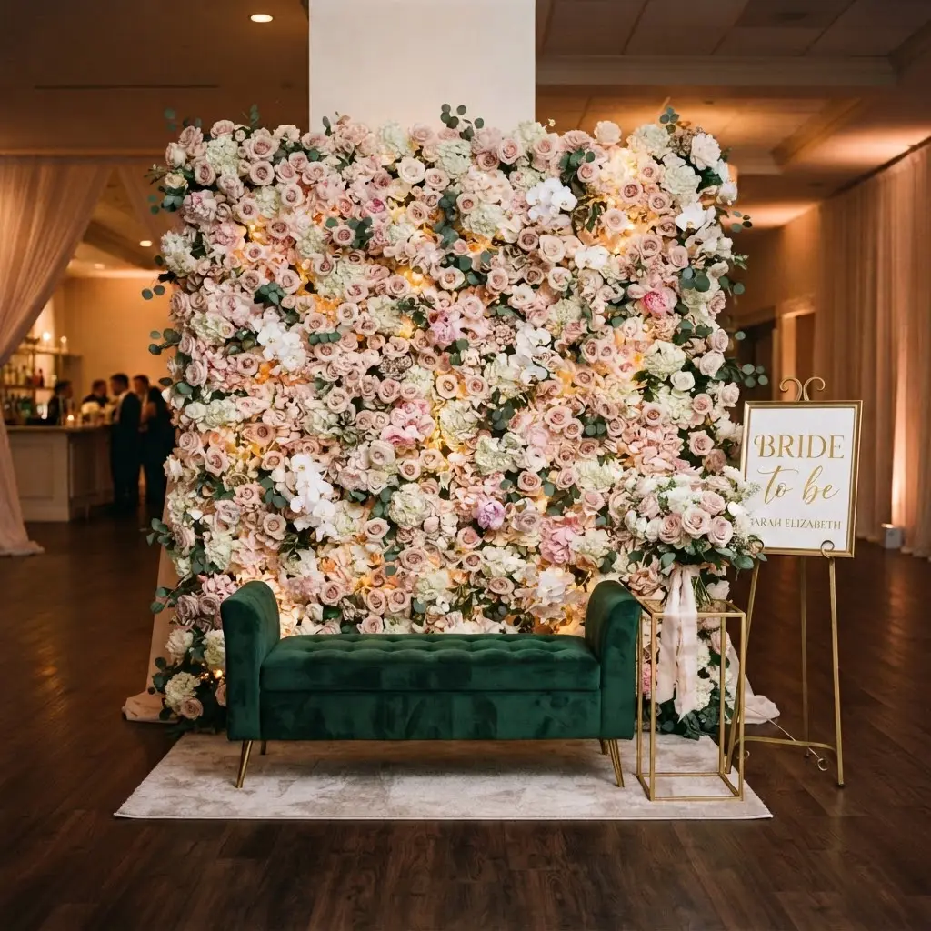 Blush floral wall styled behind an emerald velvet photo bench.