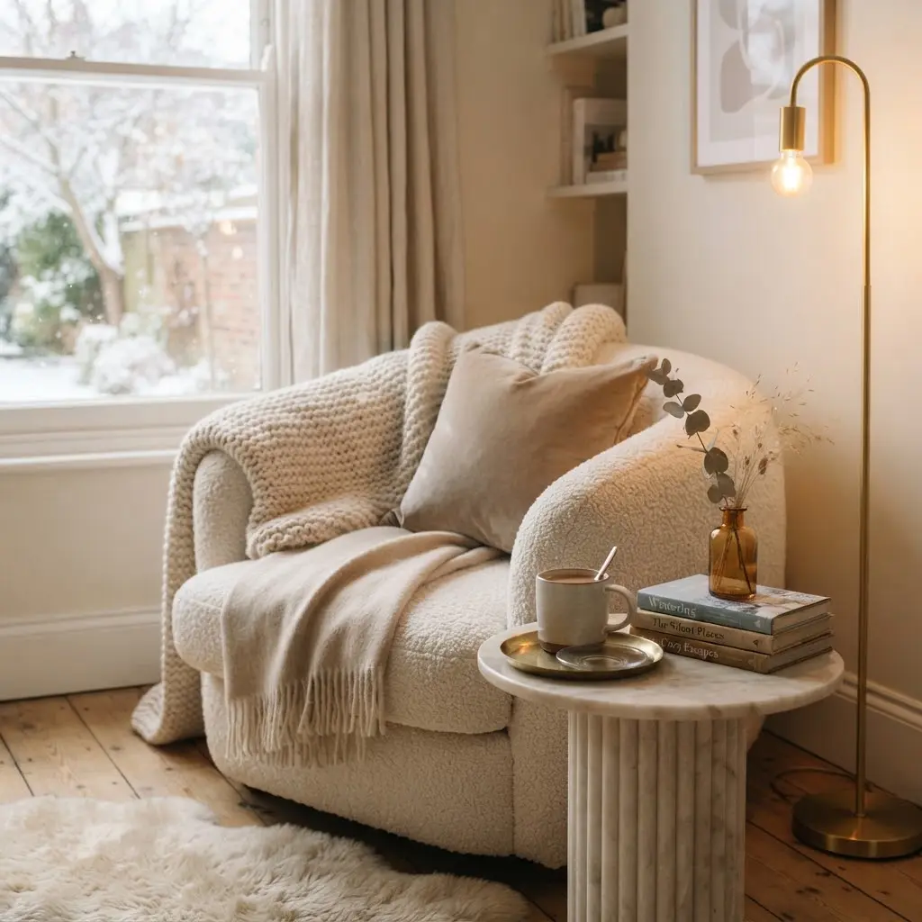 Layered wool throws styled in a cozy reading corner for winter decor ideas.