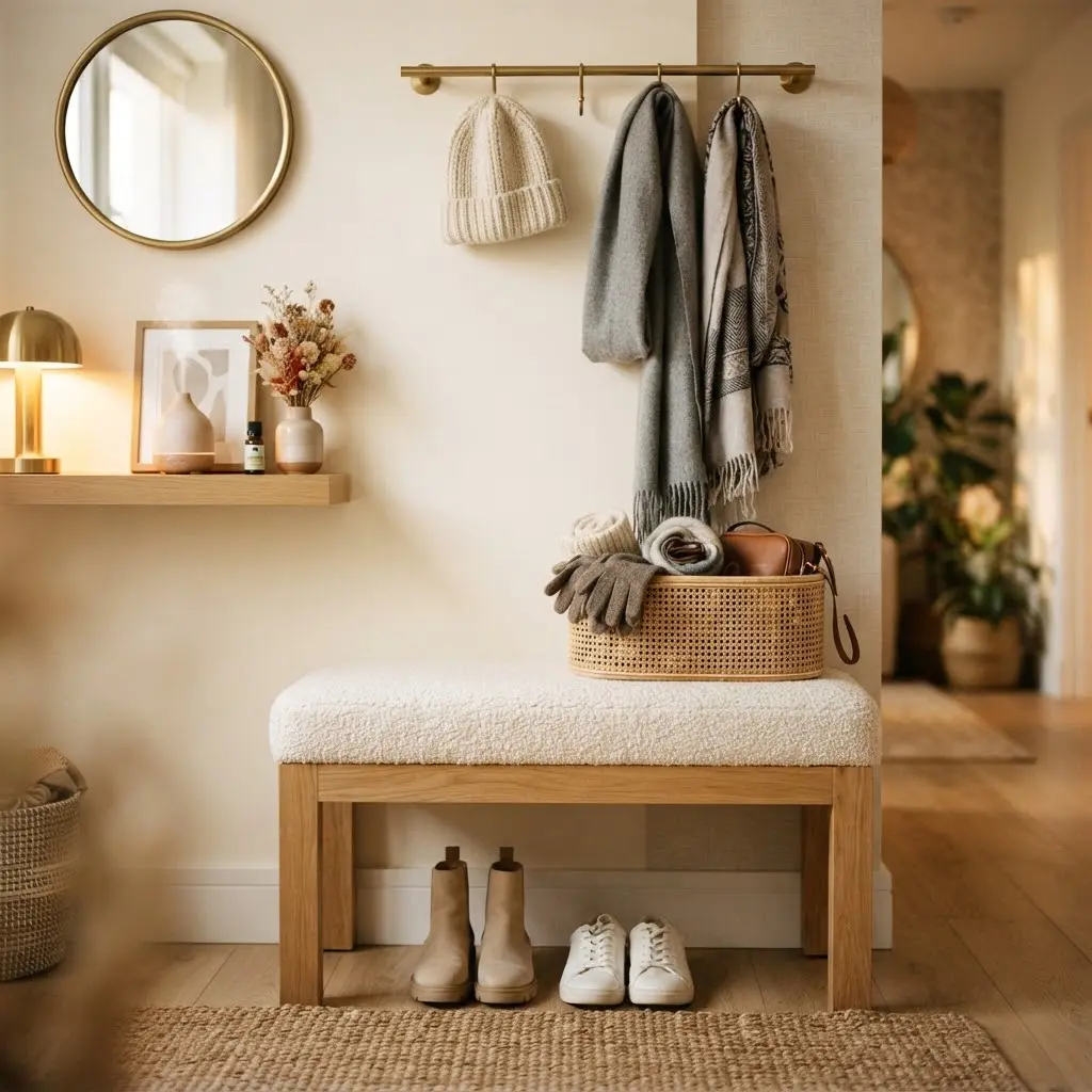 Wool and wood entryway styled with knit scarves and a woven basket.
