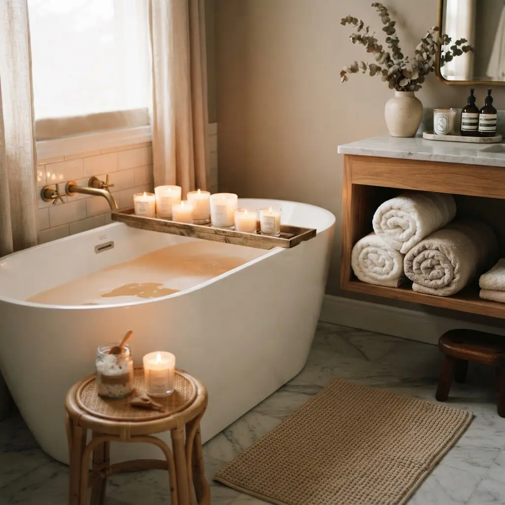 Hygge bathroom retreat styled with waffle-knit mat and soy candles.