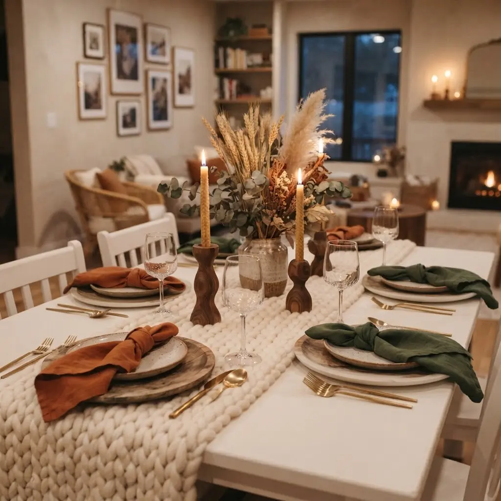 Rustic wool table runner styled with beeswax candles and dried wheat.