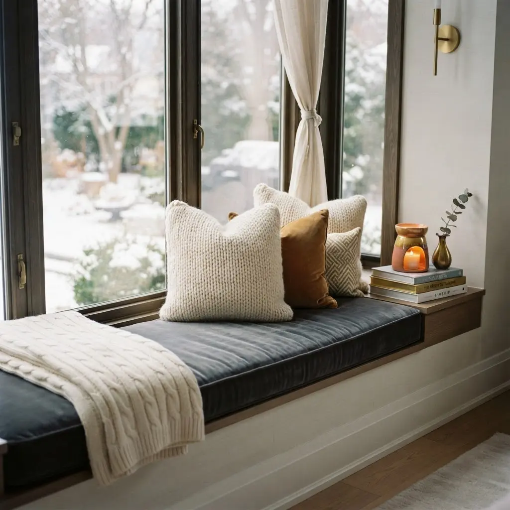 Snug window seat layered with knit pillows and a folded wool blanket.